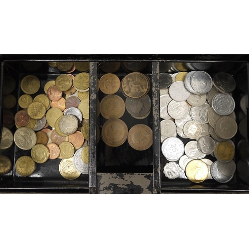 235 - Victorian cash tin containing various British and foreign coins, decimal and pre-decimal, plus a sma... 