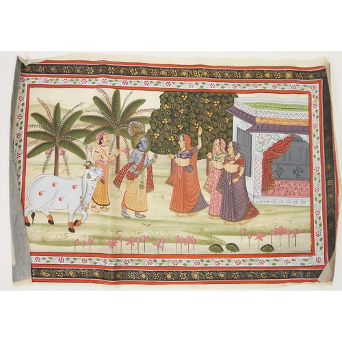 246A - Six Indian paintings on silk depicting Lord Krishna in various scenes, all set within a floral paint... 