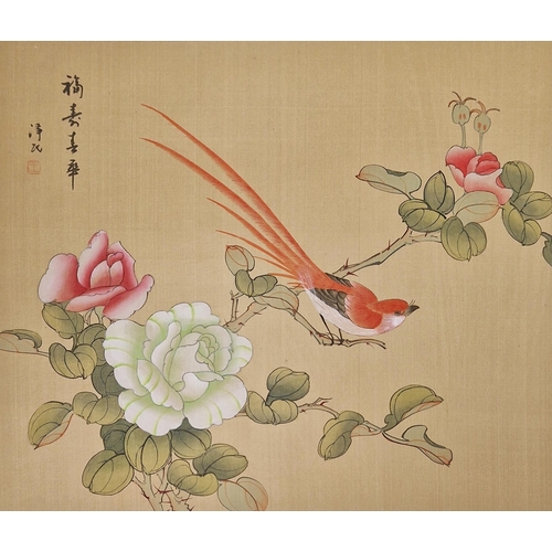 249 - Chinese school Qing dynasty
 Gouache on silk
 Set of four Qing dynasty paintings of birds amongst fl... 