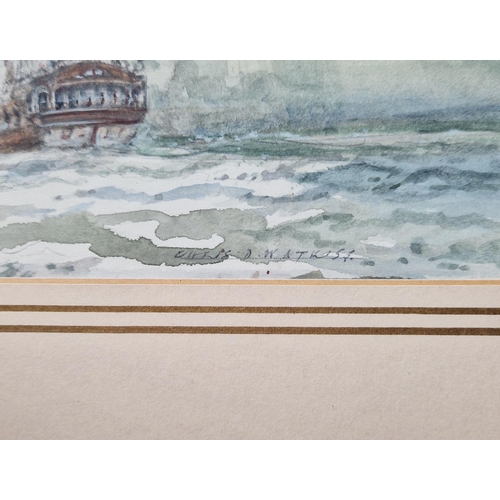 255 - Christopher David Watkiss (1911-?)
 Watercolour drawing
 Napoleonic maritime scene with British and ... 