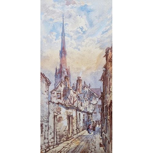 263 - Thomas W. Walshaw (1860-1906)
 Watercolour
 Street scene with figures and church, initialled lower l... 