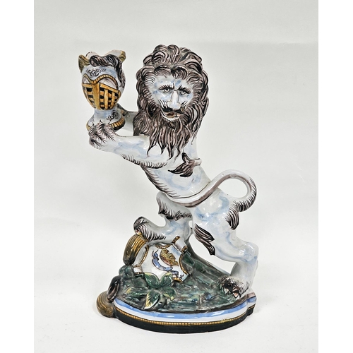 35 - Emile Galle faience ceramic heraldic lion torch holder, 28cm high