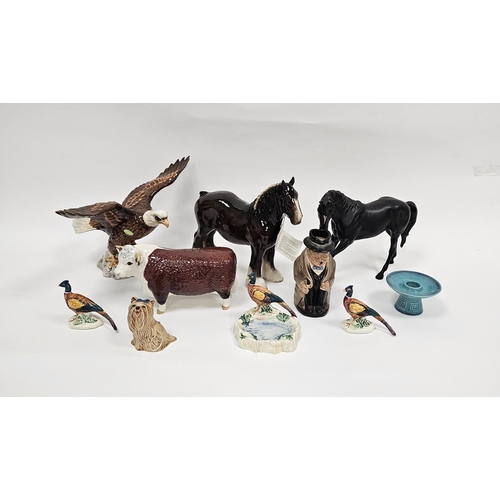 4 - Collection of Beswick animals and birds including Hereford Bull, brown Shire horse 818, Bald Eagle 1... 