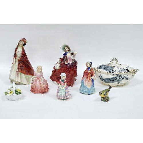 48 - Five Royal Doulton figurines including Rose HN1368, Tootles HN1680, the Little Mistress (damaged), T... 