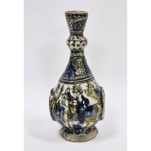 52 - 19th century Persian bottle-shaped vase with flared bulbous neck, painted with equestrian figures, w... 