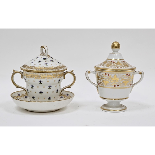 56 - Two 19th century porcelain chocolate cups and covers, including a Chelsea Derby chocolate cup cover ... 