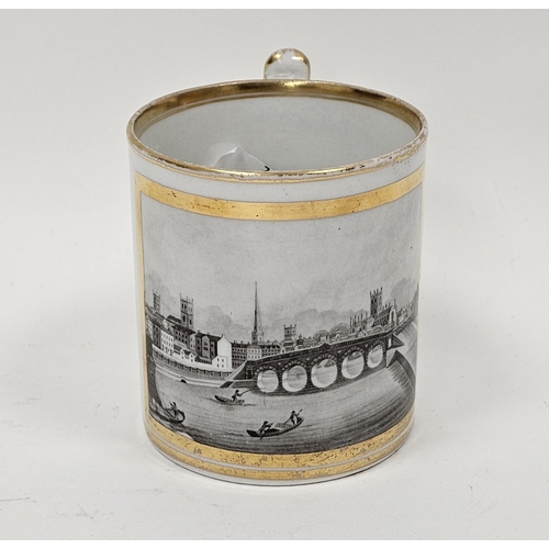 66 - Late 18th/early 19th century porcelain mug decorated with a sepia monochrome scene of Worcester,  ri... 