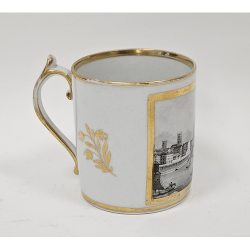 66 - Late 18th/early 19th century porcelain mug decorated with a sepia monochrome scene of Worcester,  ri... 