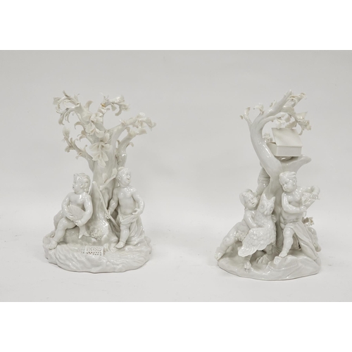 81 - Pair of Early to mid 20th century Nymphenburg porcelain figure groups, both white glazed, the first ... 