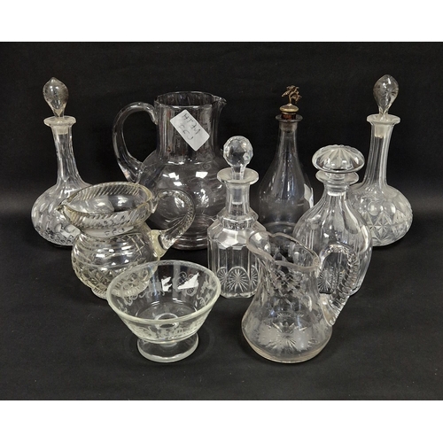 86 - Group of 19th century cut glass decanters including two shaft and globe examples with etched stopper... 