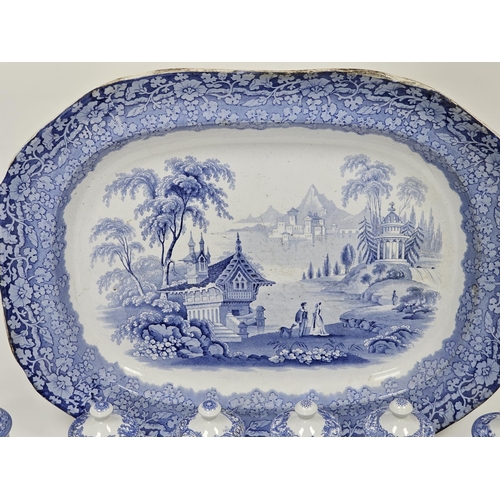 10 - 19th century English blue and white transfer-printed rectangular meat plate, the scene depicting fig... 