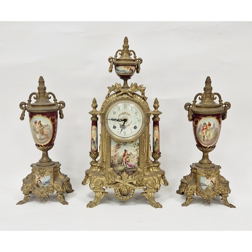 1002 - 20th century French-style brass and porcelain three-piece clock garniture with Franz Hermle German m... 