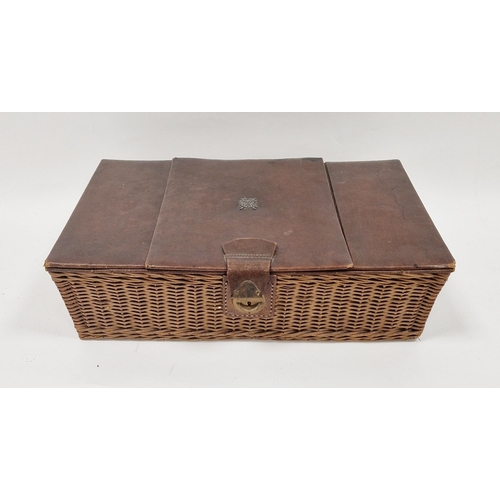 1011 - Early 20th century Aspreys of London leather and wicker sewing basket/box, the leather covered three... 