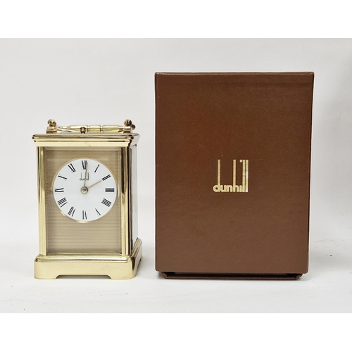 1014 - Dunhill brass repeater carriage clock having engine-turned face surrounding a white enamel dial, pla... 