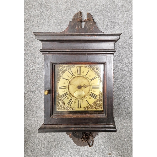 1018 - Mid 18th century oak cased hooded wall clock with stepped pediment housing a 30 hour movement, the 7... 