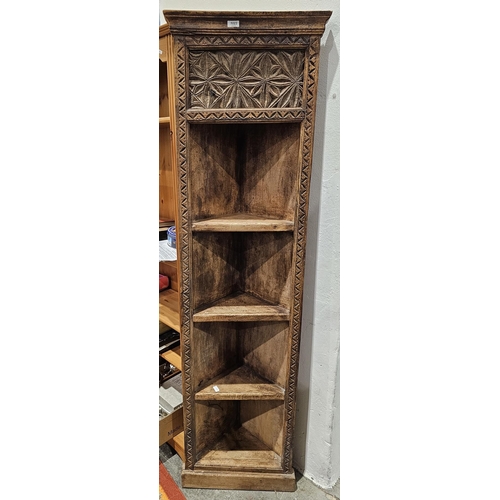 1023 - Ethnic hardwood tall carved corner shelf, 183cm high x 50cm wide x 24cm deep