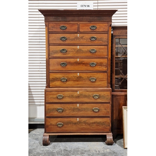 1043 - 19th century mahogany tallboy in the George III manner, the upper section having a moulded cornice a... 