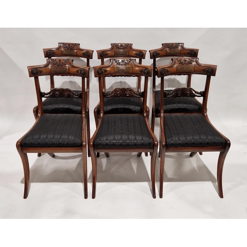 1049 - Set of six Regency brass inlaid rosewood dining chairs, each with scroll top rail with raised scroll... 