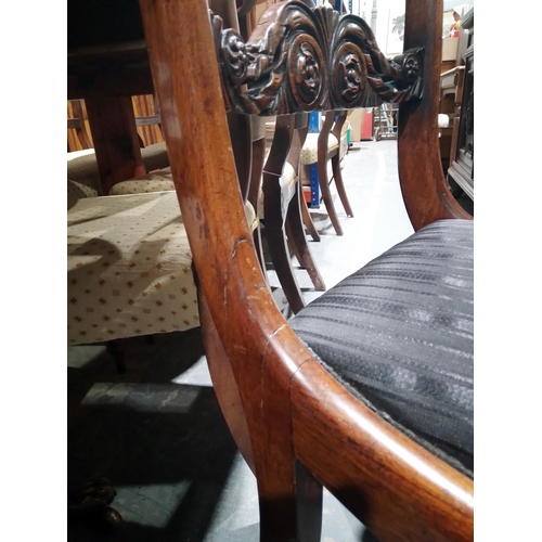 1049 - Set of six Regency brass inlaid rosewood dining chairs, each with scroll top rail with raised scroll... 