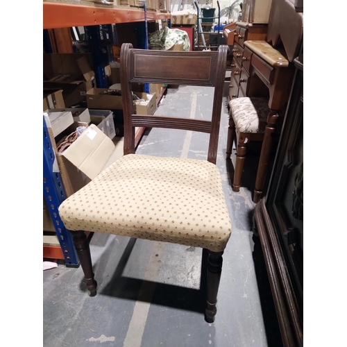 1050 - Set of three Regency mahogany brass inlaid dining chairs, each with reeded supports with stuffover s... 