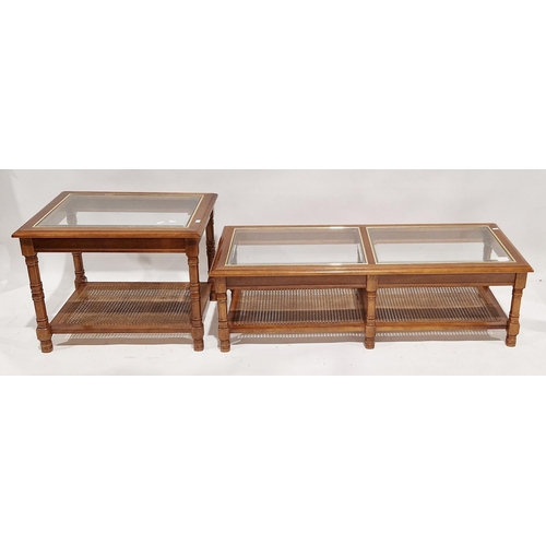 1065 - Two matching 20th century wooden side table and coffee table, both with inset glass tops, bergere un... 