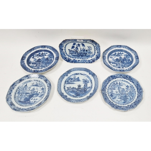 108 - 18th century Chinese plate with underglaze blue decoration of zigzag fence beside lake and flower va... 