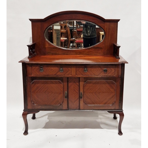 1084 - Early 20th century mahogany mirrored back sideboard, the oval bevel edged mirror over two quarter ve... 