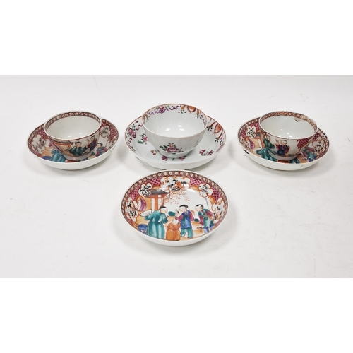 109 - Pair Chinese porcelain tea bowls and three matching saucers, all painted with famille rose colours w... 