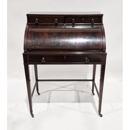 1094 - Early 20th century French dark mahogany ladies cylinder top bureau with two short drawers above a cy... 