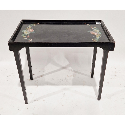 1102 - Mid 20th century Hayes Silverdale table tray, folding, painted black with handpainted flower design ... 