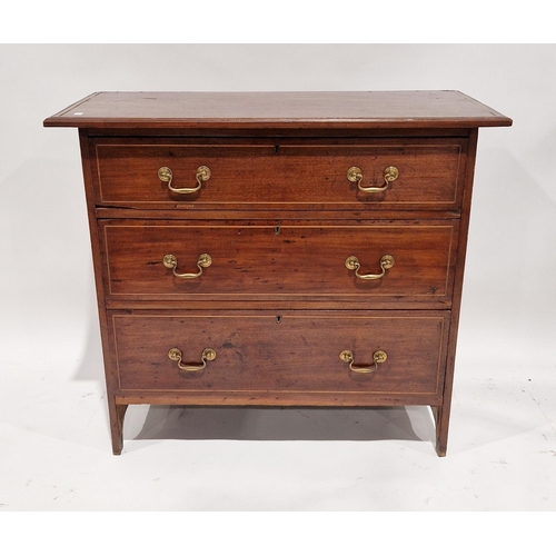 1104 - Edwardian mahogany inlaid chest of three long drawers, with brass swan neck handles, 82cm high x 92c... 