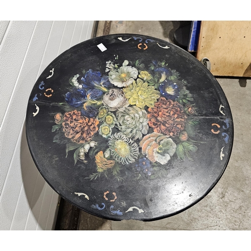 1145 - A 19th century tilt top pedestal table, the circular slate top hand painted with flowers raised on a... 