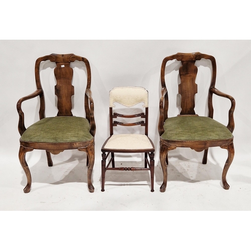 1161 - A pair of early 20th century walnut Queen Anne style elbow dining chairs with solid splats drop in g... 