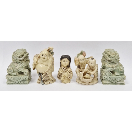 117 - Group of three Chinese simulated ivory figures and a pair of Chinese sandstone models of Buddhist li... 