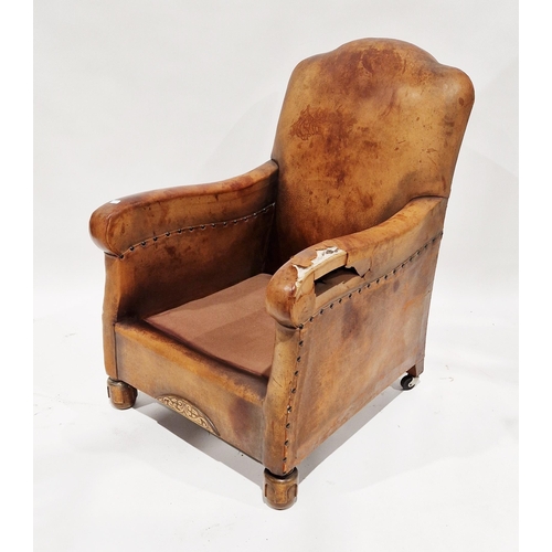 1174 - Pair of 1930's/40's brown tan leather club-style armchairs, raised on turned carved supports (leathe... 