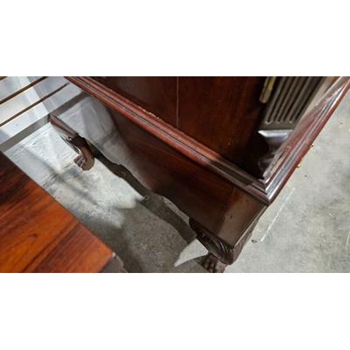 1188 - Irish dwarf press, mahogany, with ogee and dentil cornice, stepped frieze, having shelves and slidin... 