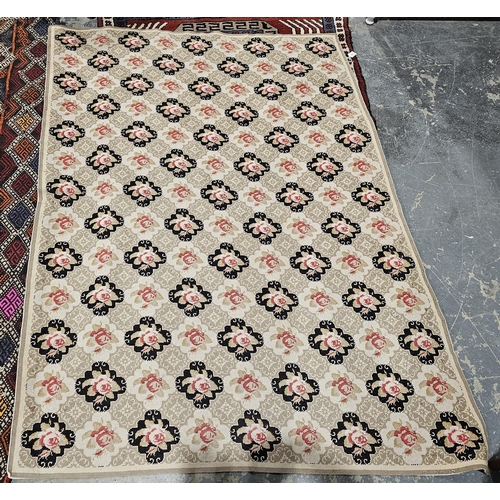 1241 - Hand stitched wool work tapestry with a pattern of rows of roses on alternating cream and black pane... 