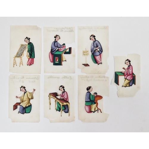 129 - Group of Chinese Qing Dynasty rice paper paintings, each depicting a lady writing, sewing and variou... 