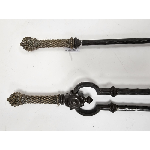 131 - Set of two Georgian fire irons being a shovel with pierced pan together with tongs, each polished fa... 