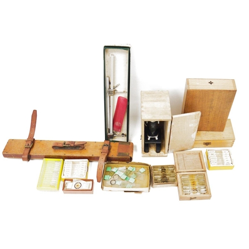 165 - Mixed lot of scientific and measuring equipment including wooden boxed student's microscope and vari... 