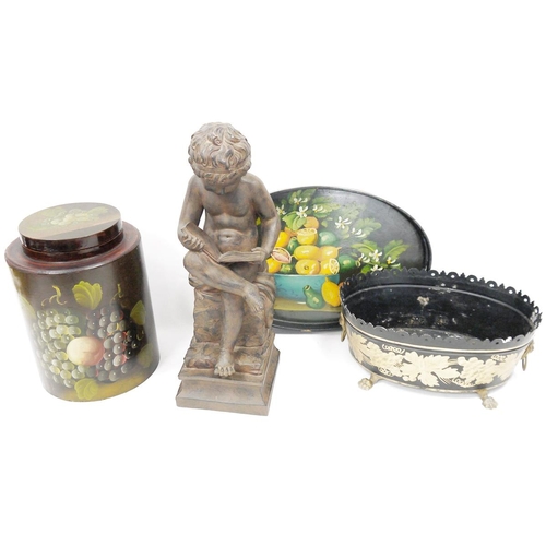 175 - Collection of four decorative items including toleware planter with drop ring lion mask handles and ... 