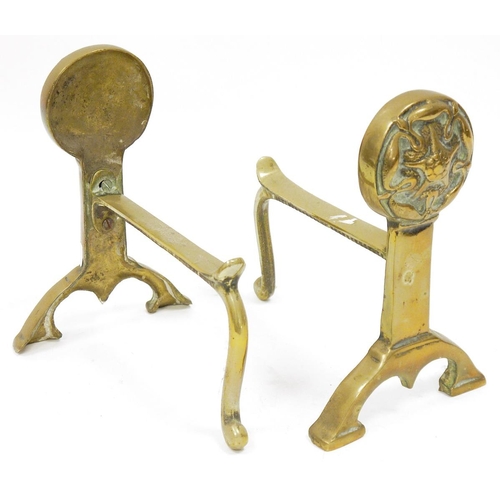 176 - Pair of  late 19th/early 20th century brass andirons with Tudor rose motifs to finials, 20cm high