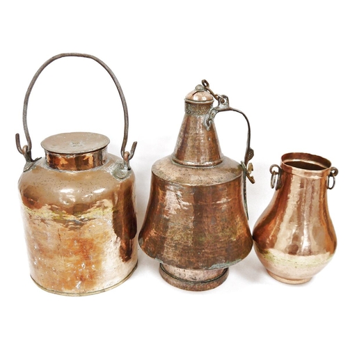 179 - Collection of seven items of Indian or Persian copper covered items including three large chargers, ... 