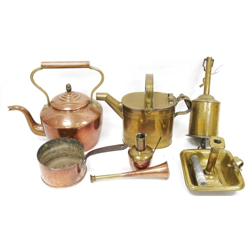 183 - Mixed lot of 19th century and later copper and brass including copper kettle 32cm high, copper sauce... 