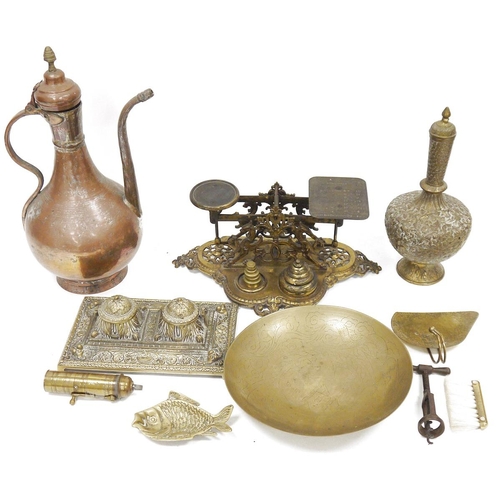 184 - Mixed lot of metalware including ornate Victorian set of postal scales and weight, brass Victorian s... 