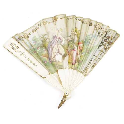 189 - Early 20th century folding fan, with bone sticks and guards, the paper decorated with a scene of cla... 