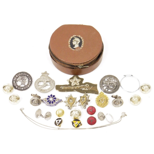 198 - Mixed lot including brooches and military buttons including Scottish silver plaid crest brooch, Viki... 