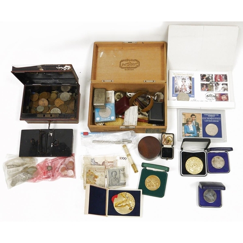 216 - Coins and collectables including Victorian cash tin with mixed mainly pre-decimal and foreign, two c... 