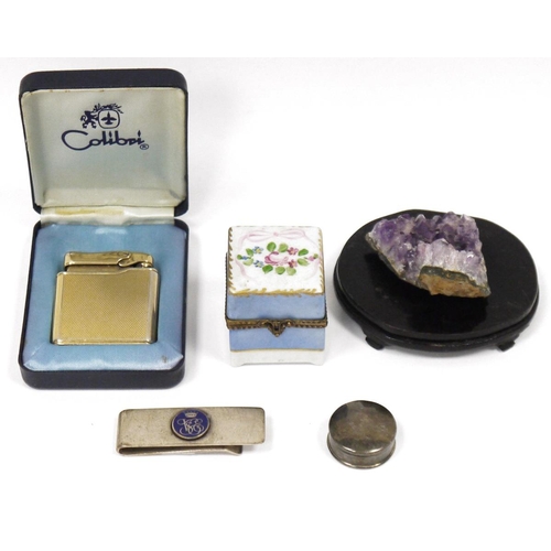 226 - LOT WITHDRAWN
Mixed lot of silver and collectable items, including a silver tie clip with enamelled ... 