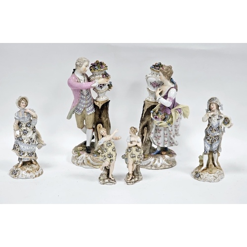 24 - Two 19th century pairs of Volkstedt (Triebner Ens & Eckert) porcelain figures, both with two pitchfo... 